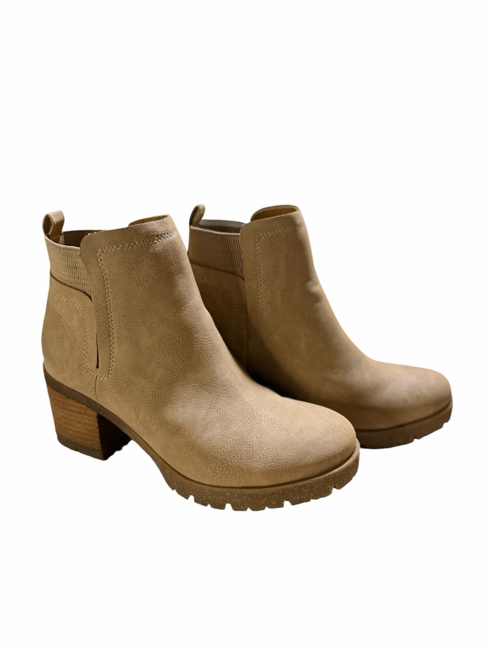 Korks Tan Suede Ankle Booties with Stacked Heel